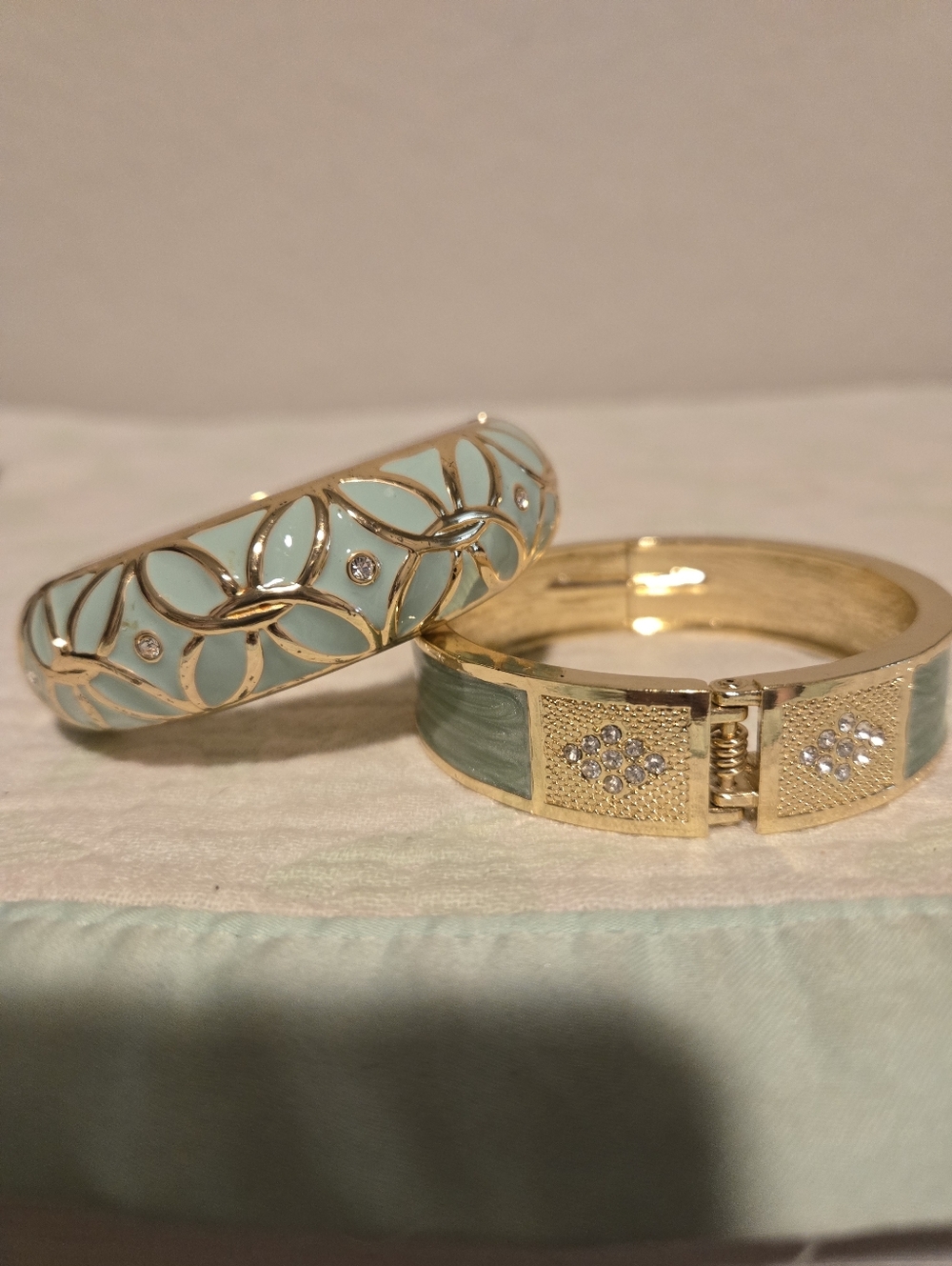2 Gold and Mint Green Floral Enamel Bangle Bracelet - Women Jewelry